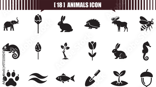 Black and white elephant, flower bud, rabbit, hedgehog, moose,  animal and plant icons vector illustration