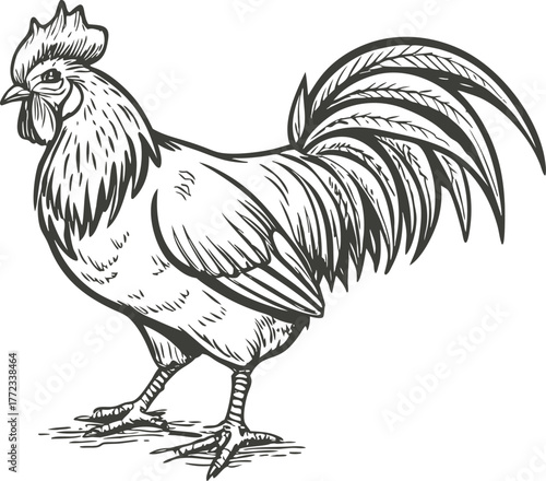 Detailed sketch of a rooster isolated on white background