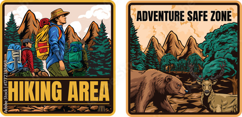 stickers featuring an adventurer and a wild animal