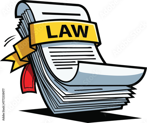 Document bundle with LAW banner and red ribbon on white background representing justice and legal system