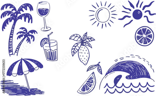 Blue doodle summer vacation elements palm trees drink sun wave