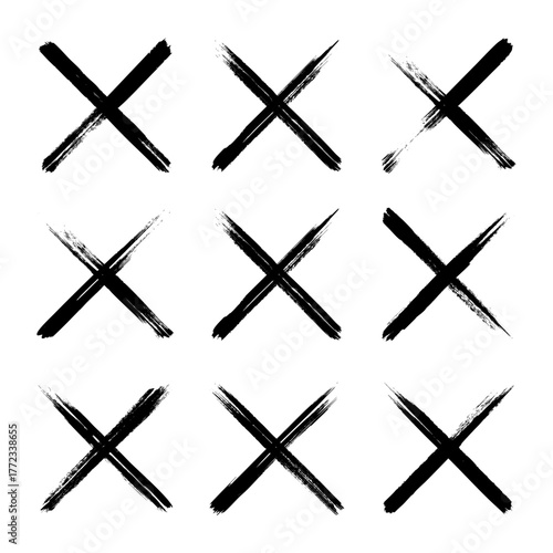 Grunge crosses, brush strokes, x mark, lines, ink smudges, hand-drawn scribble shapes. Handmade sketchy marks, acrylic stains, charcoal streaks. Paint textures, dry brush effect. Vector illustration