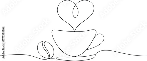 Single line drawing of coffee cup with heart steam and bean