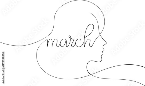 Single line drawing of female profile with word march