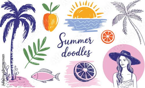Summer doodles with palm trees sun ocean fruit and woman