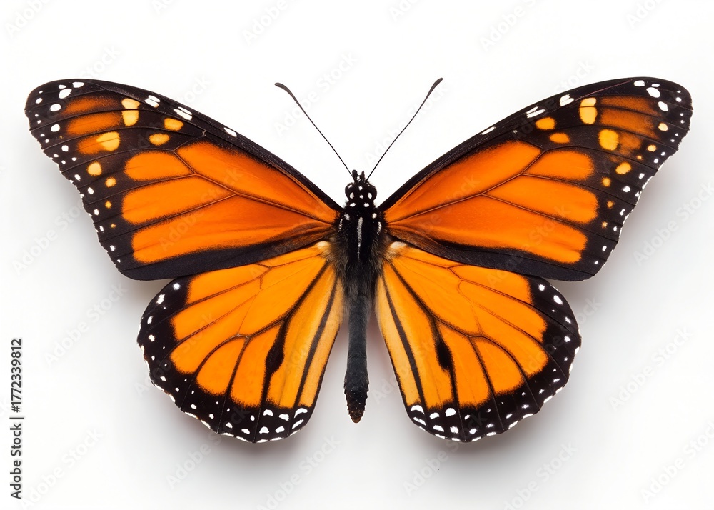 Obraz premium Orange Monarch Butterfly With Black Wing Edges, white background