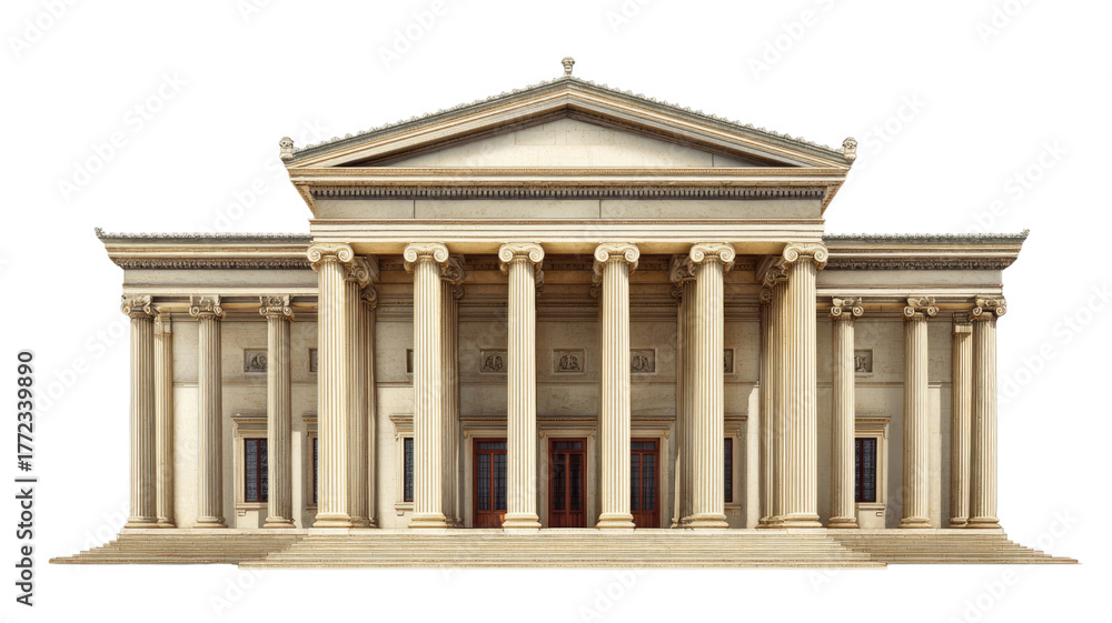 Obraz premium Elegant classical style building with columns, detailed facade, and symmetrical architecture surrounded by stone steps isolated on white background 