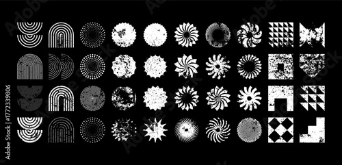 Brutalist geometric shapes, modern grunge symbols. Simple primitive elements and forms, distressed details. Retro design, aged, vintage, trendy contemporary minimalist style, y2k. Vector illustration