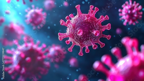 A vibrant depiction of virus particles, showcasing their intricate structure and highlighting the theme of infectious diseases.