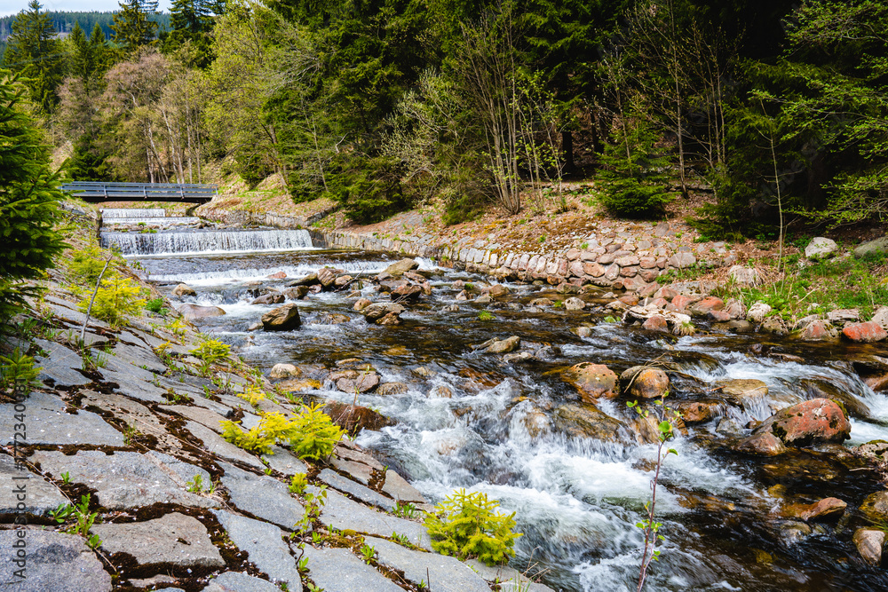 Obraz premium Scenic mountain river flowing through forest in Krkonose National Park near Pec pod Snezkou, Czech Republic, with clear water, rocks, and lush green trees on spring day.