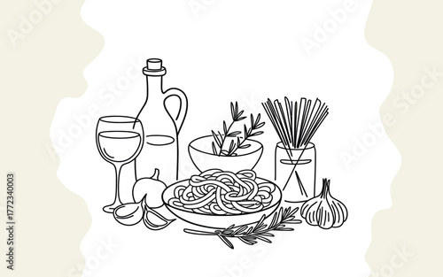 Italian food ingredients line drawing with pasta wine and garlic