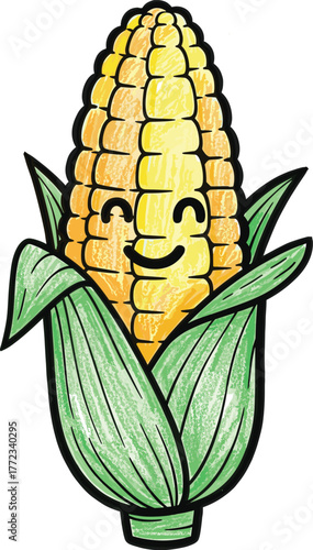 Cheerful Corn on the Cob Character Smiling with Green Husks Against White Background, Cartoon Style Drawing for Healthy Eating Promotion, Kids Education, Agricultural Illustration, Farm Fresh Produce,