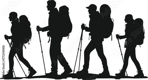 Hiking People Silhouettes Backpacking Trekking Group Outdoor Adventure Wilderness Tourism Vector Illustration.
