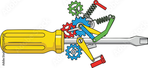 Yellow Screwdriver With Colorful Interlocking Mechanical Gears And Levers Against White Background