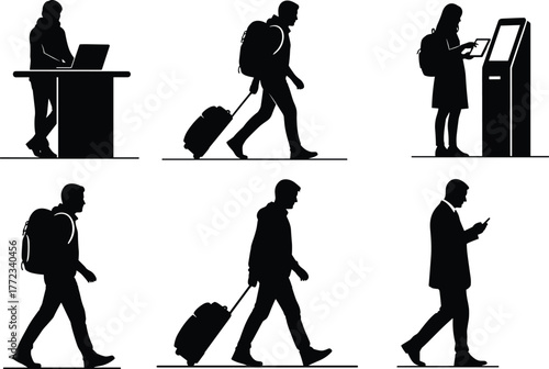 People Silhouettes Set Diverse Travelers Business Hiker Standing Walking Carrying Bag Backpack Vector.