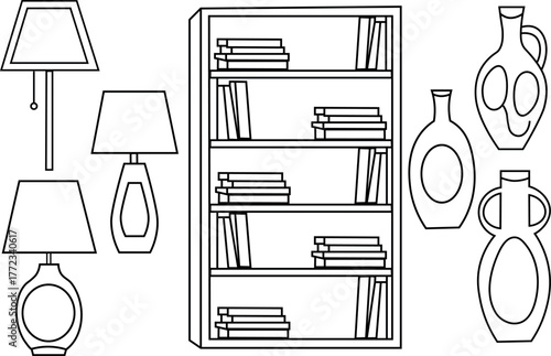 Bookshelf with lamps and vases decorative objects line drawing