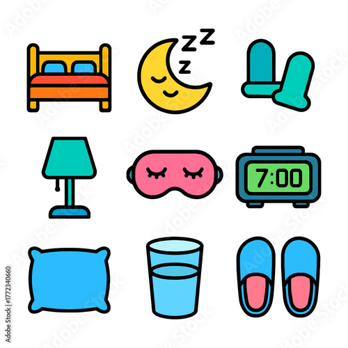 Bedtime essentials: moon, pillow, clock, slippers, lamp, eye mask, water, socks.