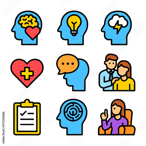 Mental health icons: brain, heart, counseling, solutions and communication.