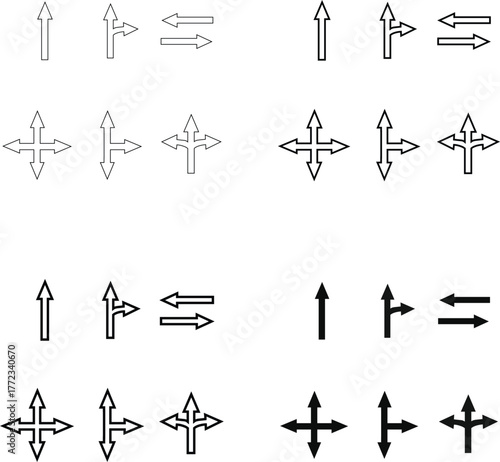 Vector collection of navigation arrows and direction symbols in black and outline silhouette styles