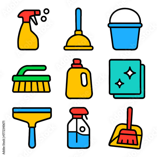 Colorful cleaning tools collection with bright icons of household supplies.