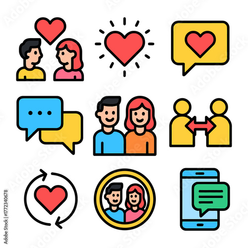 Colorful communication and connection icons with couples and heart symbols.