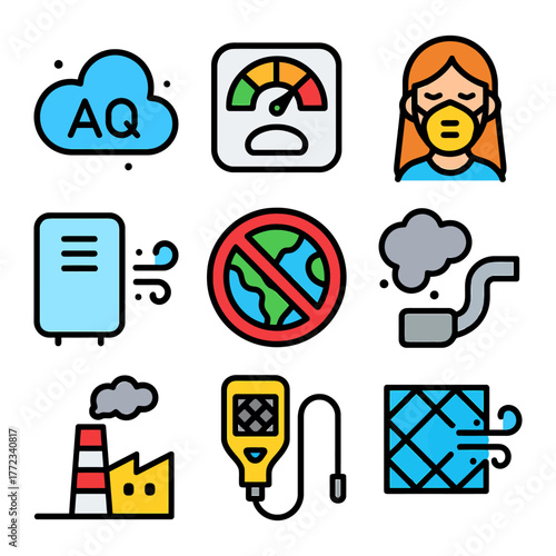 Air quality icons: pollution, filtration, masks, global indicators.