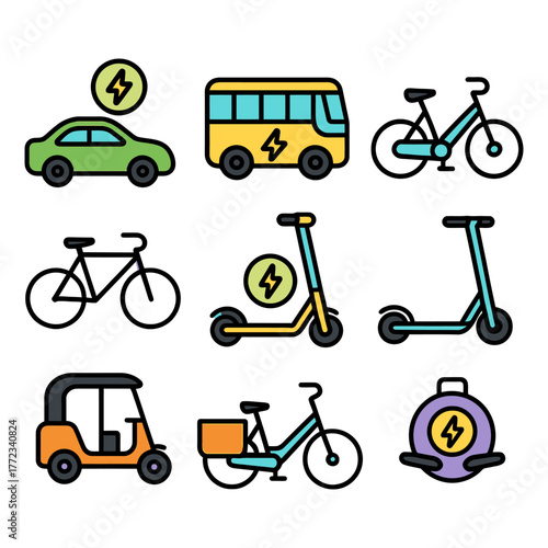 Electric transportation icons: car, bike, bus, scooter, unicycle for clean energy.