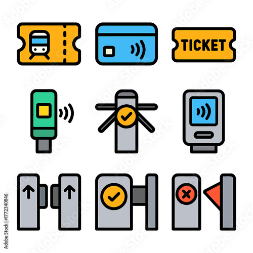 Public transport ticketing icons: tickets, cards, validators, turnstiles, gates.