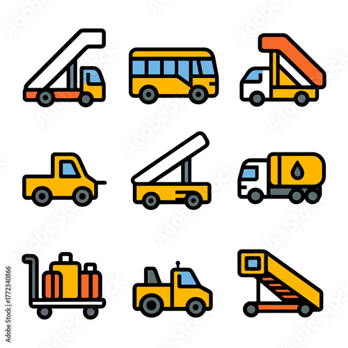 Colorful set of airport vehicles: bus, stair truck, fuel truck, baggage cart, pickup.