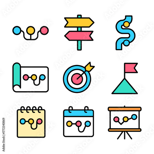 Colorful strategy and planning icons set with maps and targets.
