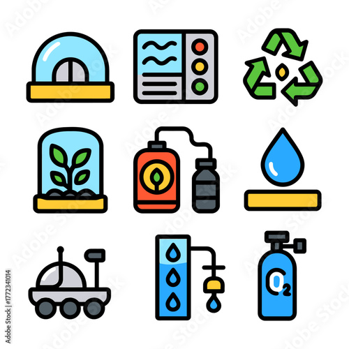 Sustainable space exploration icons set illustrating recycling and oxygen systems.
