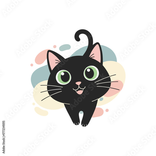 Black Cat With Green Eyes Looking Up Illustration