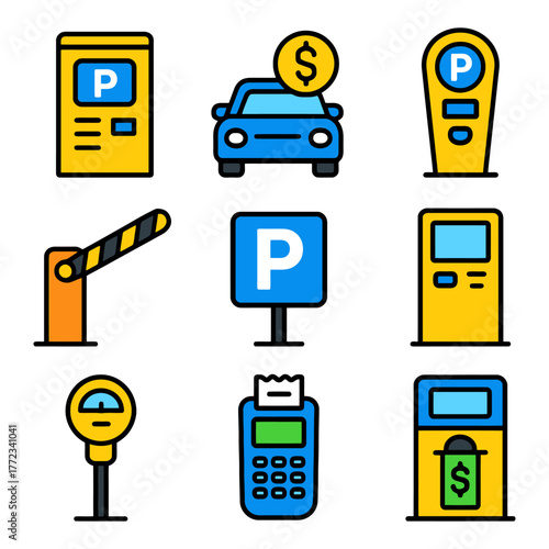 Parking system icons: meter, car, payment, barrier, ticket, signage.