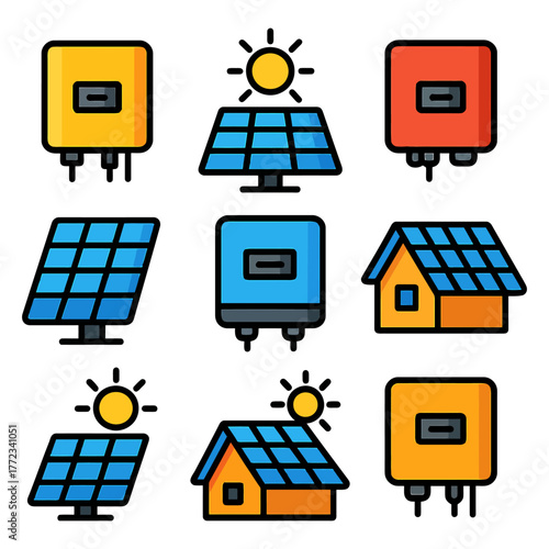 Solar panels and inverters with solar-powered houses and sun icons.