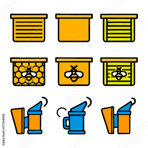 Colorful beekeeping icons: hives and smoke tools.