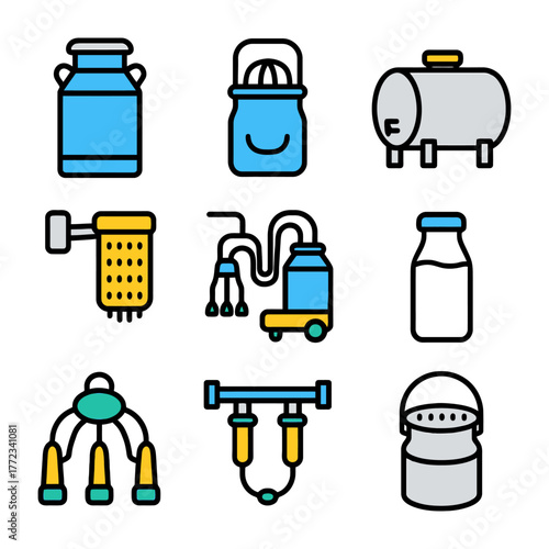 Collection of dairy processing equipment icons including cartons and tanks.