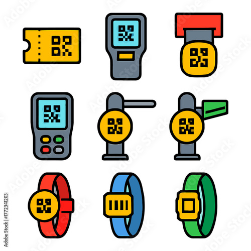 Qr code access technology: tickets, scanners, wristbands in bright colors.