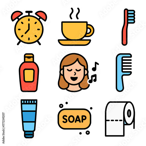 Morning routine essentials: alarm, coffee, hygiene, and relaxation icons.