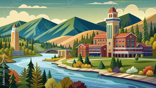 Very beautiful view from the Riverfront Trail along the Clark Fork River in Missoula, Montana, featuring the University District and the Boone and Crockett Club Natural History Museum tower surrounded