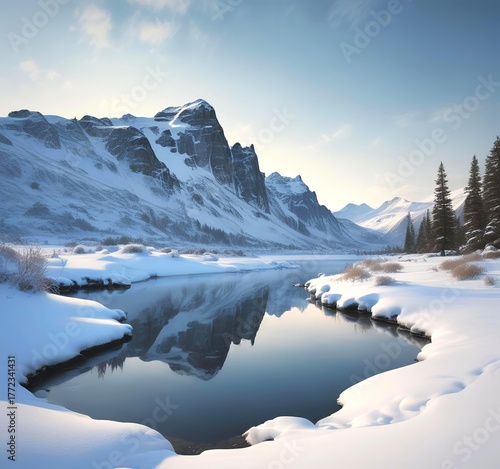 Wallpaper Mural Frozen lake reflecting surrounding mountains and a pale blue sky Torontodigital.ca