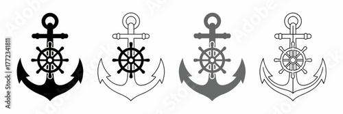 Set of four nautical anchor and ship wheel designs for marine and nautical projects vector