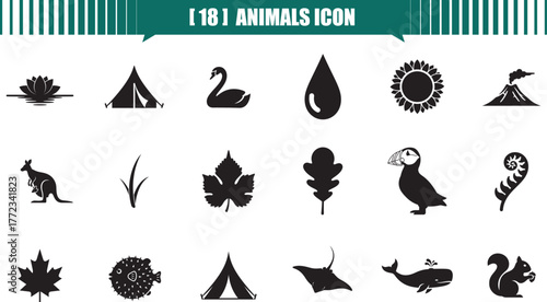 Collection of icon, silhouette, vector, animal, plant, nature,  diverse black and white silhouette vector icons