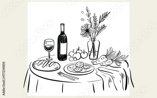 Hand drawn still life of food and flowers on a table