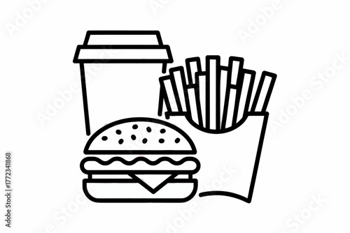 Simple line art depiction of a burger fries and drink combo meal icon vector