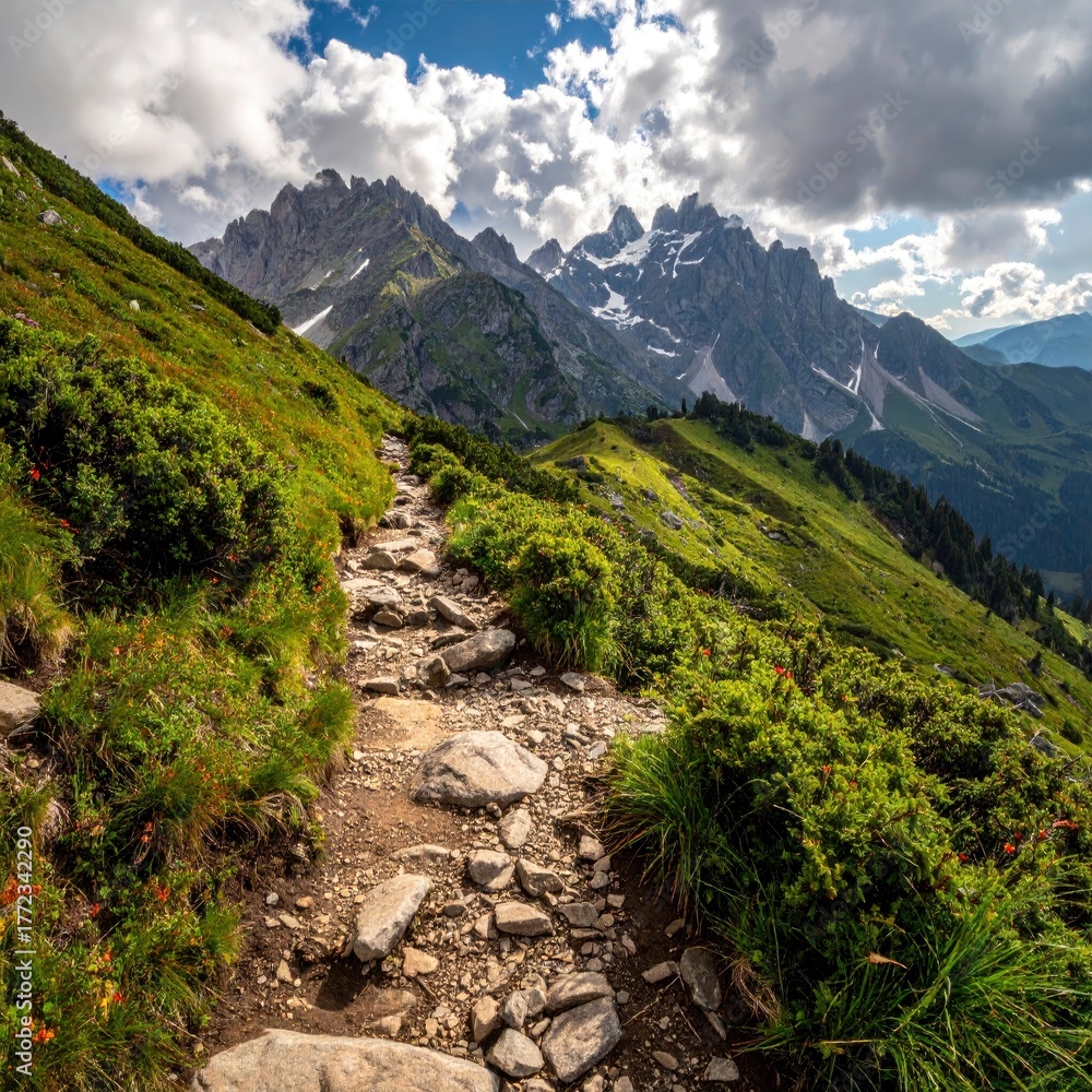 Obraz premium Hiking Trail Through the Dolomites - A Scenic Mountain Adventure.