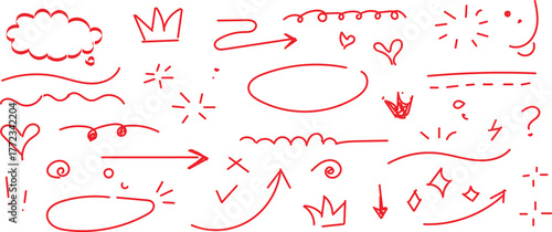 hand-drawn doodle elements, such as arrows, stars, hearts, crowns, and underline scribble vector illustration