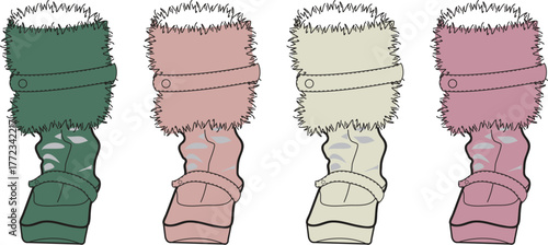 A vibrant collection of four stylish women's winter boots with furry cuffs, isolated fashion footwear illustration set for apparel design