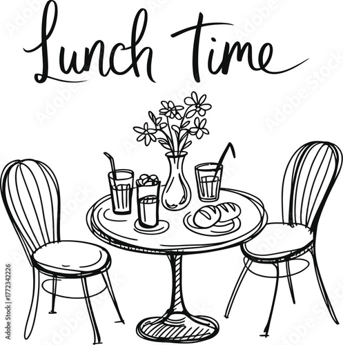Hand drawn lunch time scene with table chairs and drinks
