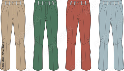 A colorful collection of four different styles of trousers or pants displayed in a row, each with distinct colors and subtle design elements for varied fashion choices