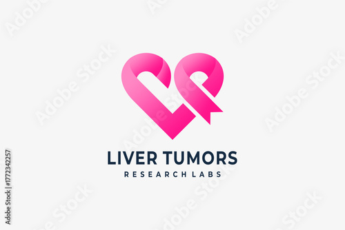 Pink ribbon heart symbol representing liver tumor awareness and cancer research support, love, hope, and health care concept